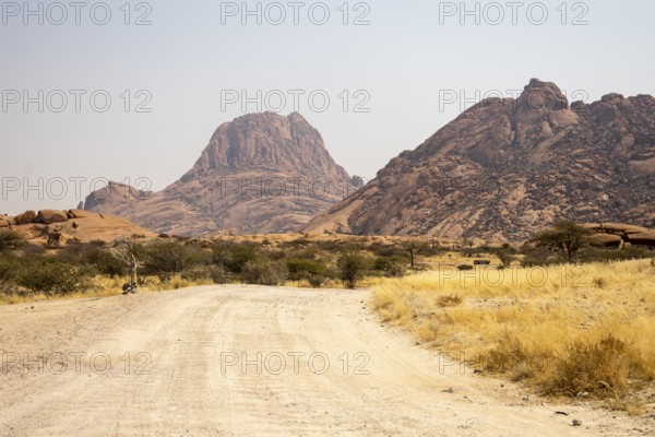 Granite peaks and rugged desert landscape at Spitzkoppe Community Campsite, Namibia. Golden grassland with scattered acacia trees contrasts against dramatic rocky mountains under a clear sky