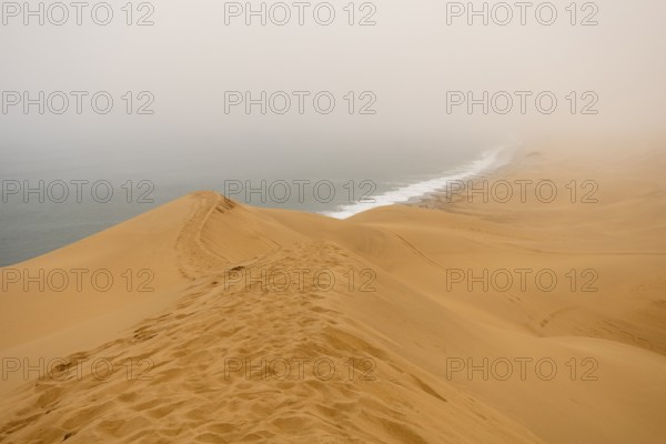 Golden dunes and the Atlantic Ocean near Namib-Naukluft Park, Namibia. A lagoon and shoreline fade into misty, cloudy weather, creating a dramatic desert-sea landscape