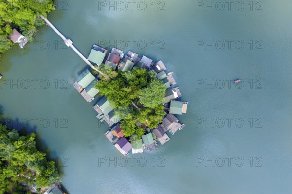 Drone, drone, aerial, from above, topview, topdown, island, lake, settlement, resort, green, blue, nature, hungary, floating village, holiday, holidays