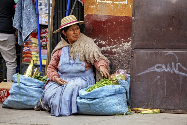 Woman in traditional dress selling vegetables on the street in Peru, Bolivian Indio woman selling goods in the streets of Potosi Bolivia