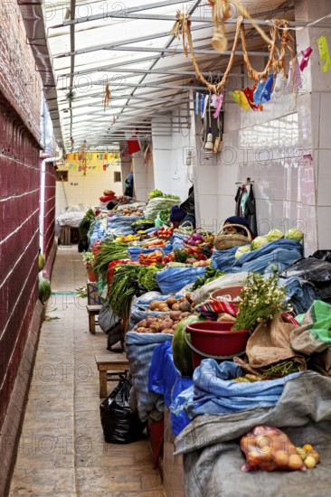 A narrow and covered market aisle full of vegetables and spices, atmospherically colourful, market stall selling goods in the market halls of Potosi in Bolivia