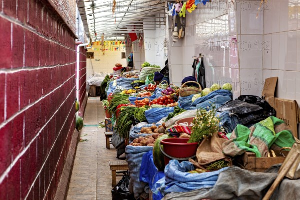 A covered market aisle full of colourful vegetables and spices in a tight arrangement, market stall selling goods in the market halls of Potosi in Bolivia