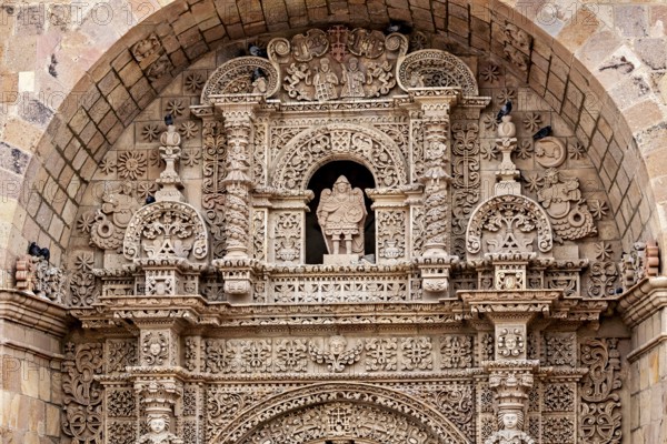 Detailed stone decorations and reliefs on a historic building, The churches of the city of Potosi in Bolivia