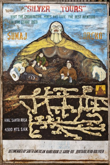 A colourful poster advertising a mountain tour in the Cerro Rico, poster of the silver mountain Cerro Rico of Potosi in Bolivia