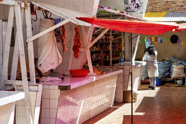 Market stall with meat on display, under a red sunshade, woman in the background, bright sunny day, The meat market in the market halls of Potosi in Bolivia