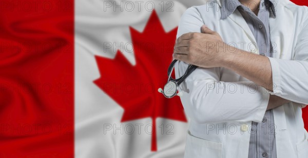Doctor with stethoscope on arm with Canada flag behind. National health system of Canada, concept