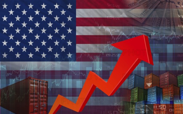 Concept of export tariffs on the United States flag. Boom in international trade and business in the U.S