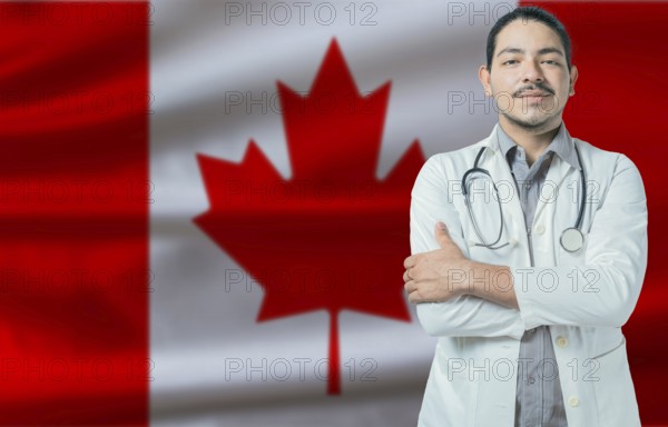 Male doctor on Canada flag. Doctor with crossed arms on Canada flag. Canada health and care concept