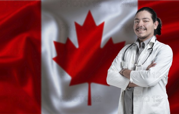 Canada Health and Care concept. Male doctor on Canada flag. Doctor with crossed arms on Canada flag