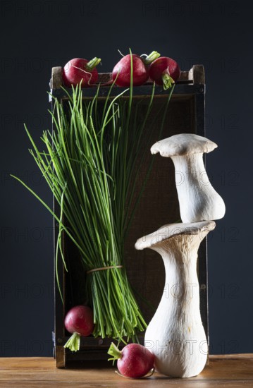 oyster mushrooms with radishes, chives and chillies on a wooden crate against a dark background