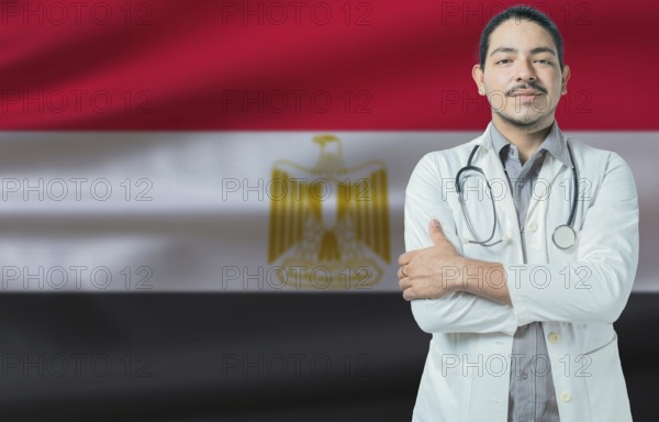 Male doctor on Egypt flag. Doctor with crossed arms on Egypt flag. Egypt health and care concept