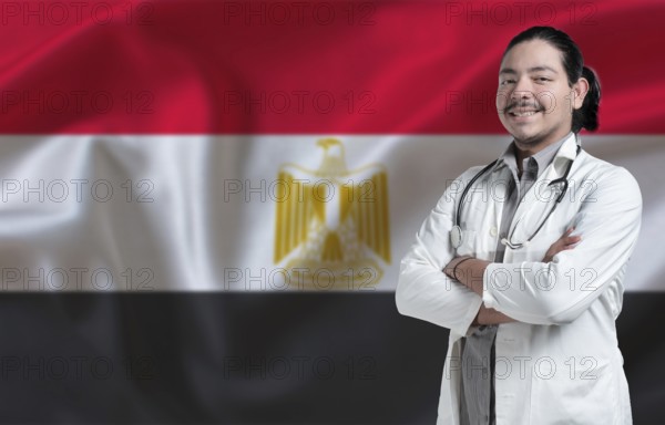 Egypt Health and Care concept. Male doctor on Egypt flag. Doctor with crossed arms on Egypt flag