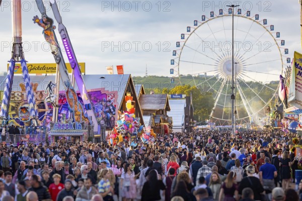 Folk festival time in Stuttgart. The 178th Cannstatter Volksfest on the Wasen is one of the most important traditional festivals in Germany. In addition to the large festival tents, the Wasen is characterised by fairground attractions. Around 320 showmen, festival hosts and market traders expect around four million visitors. Bad Cannstatt, Stuttgart, Baden-Württemberg, Germany