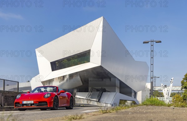 Porsche Museum Stuttgart, rear view. Sports car from Porsche. Zuffenhausen, Stuttgart, Baden-Württemberg, Germany