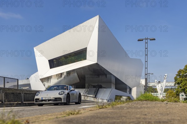 Porsche Museum Stuttgart, rear view. Sports car from Porsche. Zuffenhausen, Stuttgart, Baden-Württemberg, Germany