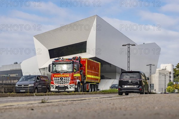 Porsche Museum Stuttgart, rear view. Vehicle of the Bosch plant fire brigade. Stuttgart, Baden-Württemberg, Germany