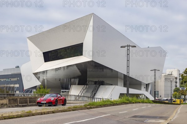 Porsche Museum Stuttgart, rear view. Sports car from Porsche. Zuffenhausen, Stuttgart, Baden-Württemberg, Germany