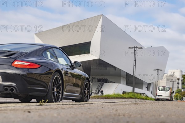 Porsche Museum Stuttgart, rear view. Sports car from Porsche. Zuffenhausen, Stuttgart, Baden-Württemberg, Germany