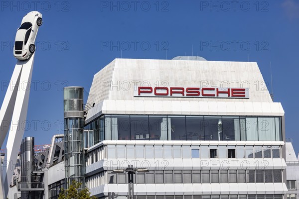 Porscheplatz in Stuttgart Zuffenhausen. Porsche headquarters with company logo. Stuttgart, Baden-Württemberg, Germany