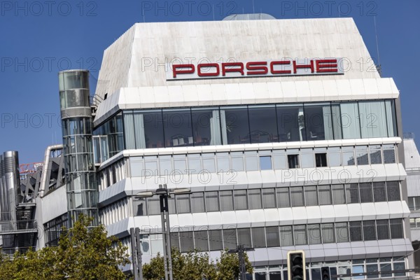Porscheplatz in Stuttgart Zuffenhausen. Porsche headquarters with company logo. Stuttgart, Baden-Württemberg, Germany