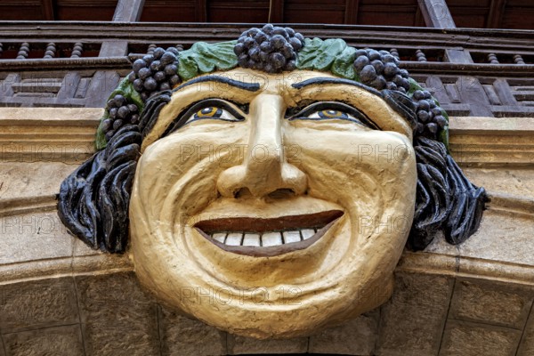 Stone mask with smiling face on an architectural structure, surrounded by green and brown tones, The face in the Museum of Potosi in Bolivia