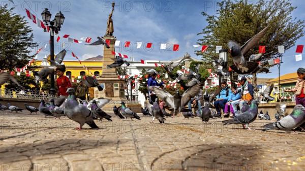Pigeons fly over a busy square with a monument and garlands under a blue sky, The city pigeons of Potosi in Bolivia
