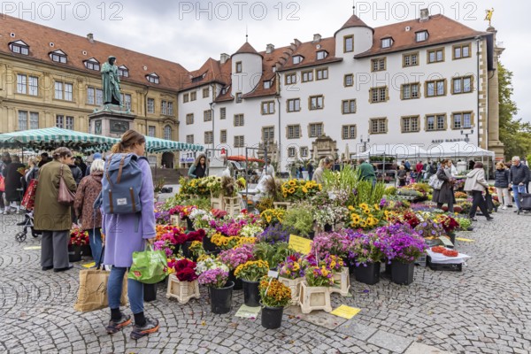 Weekly market in the city centre of Stuttgart. Schillerplatz. Stuttgart, Baden-Württemberg, Germany