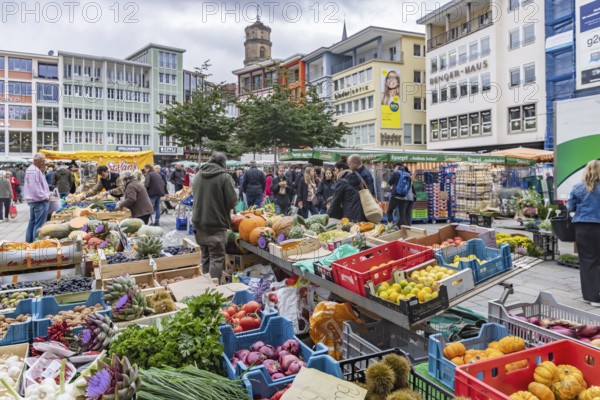 Weekly market in the city centre of Stuttgart. Market square in front of the town hall. Stuttgart, Baden-Württemberg, Germany