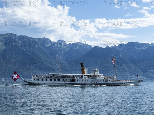 Ships, Rhone, Switzerland, steamer, passenger ship, liner, Lake Geneva, Alps, panorama, tourism, seafaring, historical, retro