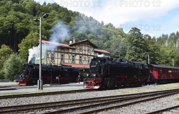Two steam locomotives of the Harz narrow-gauge railway stand at Eisfelder Talmühle station, Thuringia, Germany
