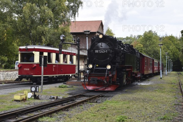 Rail bus, railcar T1 and steam locomotive of the Harz narrow-gauge railway at Alexisbad station, Saxony-Anhalt, Germany