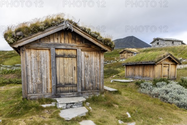 Wooden huts with grass-covered roofs in front of mountains in a rural landscape under a cloudy sky, Peer Gynt hytta, Rondane National Park, Otta, Innlandet, Norway