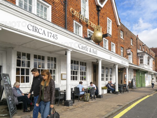 Frontage of historic building, Castle and Ball hotel public house, Marlborough, Wiltshire, England, UK