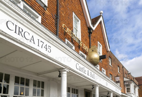 Frontage of historic building, Castle and Ball hotel public house, Marlborough, Wiltshire, England, UK
