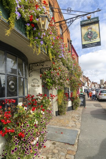 Colourful flowers in large window box and hanging baskets, Royal Oak public house, Marlborough, Wiltshire, England, UK