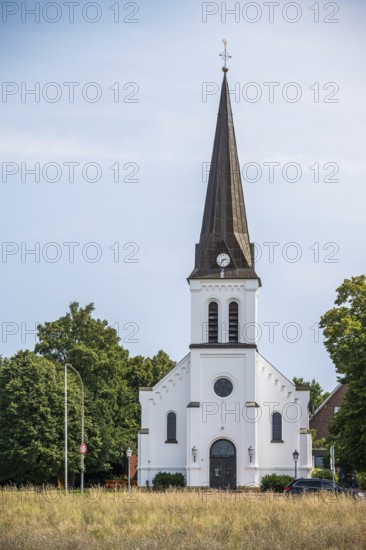 White church with high tower and clock, surrounded by trees under a clear sky, Herford, Westphalia, North Rhine-Westphalia