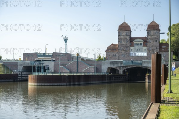 Technical lock system with towers and water channel in summer conditions, Minden waterway junction, Minden-Lübbecke, North Rhine-Westphalia