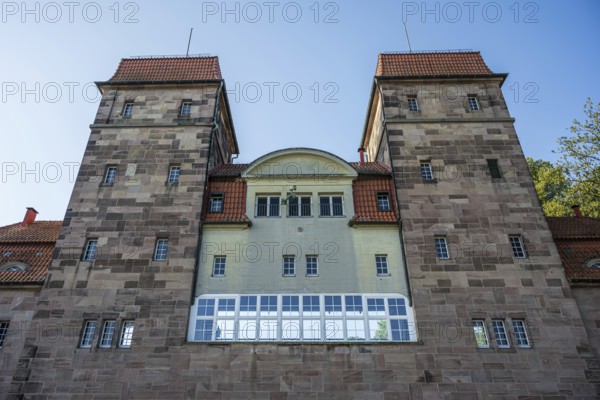 Shaft lock with two towers, red roofs and numerous windows, Minden waterway junction, Minden-Lübbecke, North Rhine-Westphalia