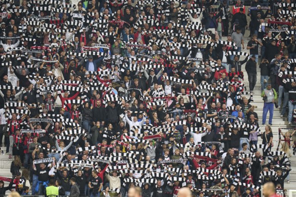 Football Bundeliga Eintracht Frankfurt-Union Berlin.fans of Eintracht Frankfurt show their scarves
