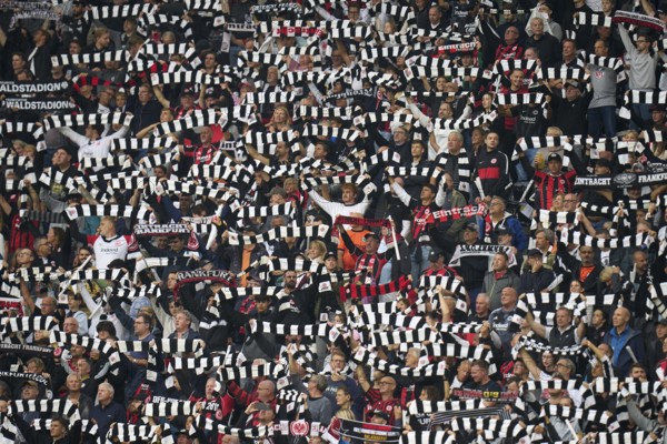 Football Bundeliga Eintracht Frankfurt-Union Berlin.fans of Eintracht Frankfurt show their scarves
