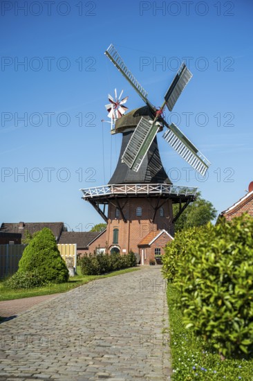 Idyllic windmill near cobbled path and gardens on a sunny day, windmill near Weener