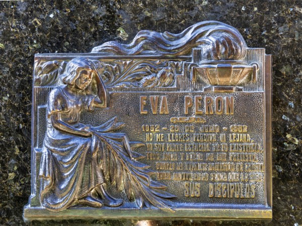 Plaque at the grave of Eva Peron, Recoleta cemetery, Buenos Aires, capital of Argentina