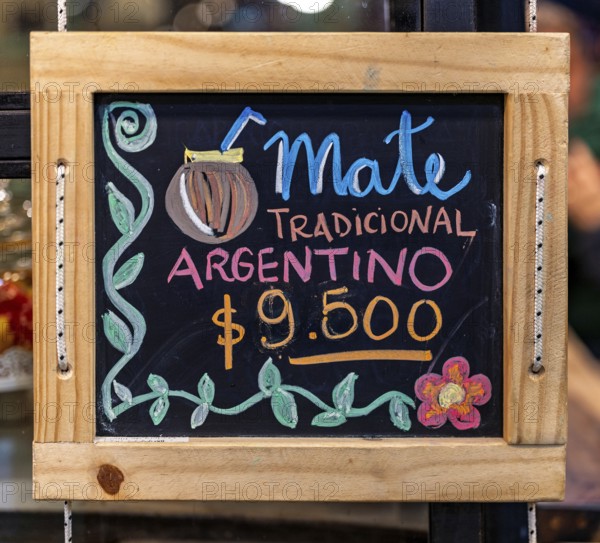 Advertising board for mate, market hall in San Telmo, Buenos Aires, capital of Argentina
