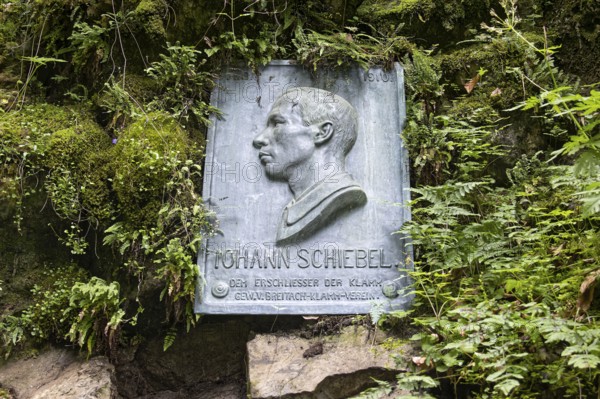Memorial plaque for Pastor Johannes, Johann Schiebel, developer of the gorge and founder of Breitachklammverein eG. Breitachklamm gorge near Oberstdorf, the deepest rocky gorge in Central Europe