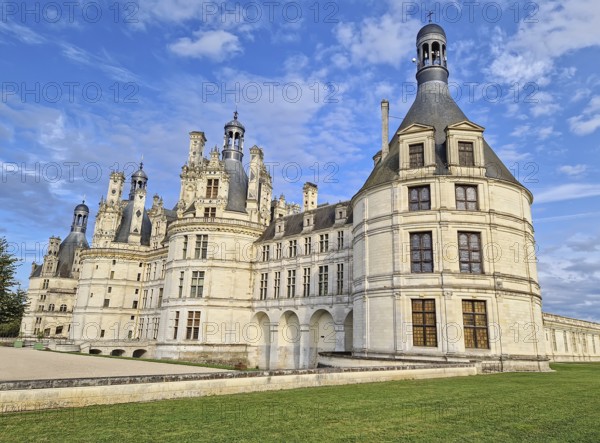 Chateau de Chambord architectural details. Majestic medieval castle in France. Iconic French Renaissance architecture palace