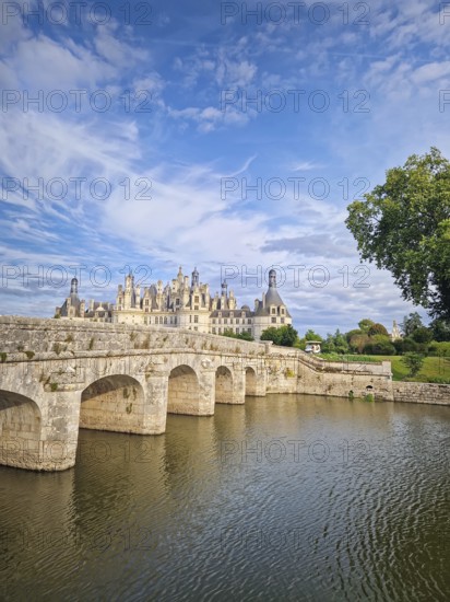 A picturesque stone bridge spans the still water leading to the magnificent Chateau de Chambord. The iconic French Renaissance castle stands under a beautiful sky with soft clouds