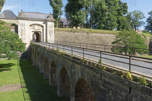 Porte de France, fortress gate, bridge, fortress wall, fortress moat, citadel, Vauban fortifications, UNESCO World Heritage Site, Longwy, Département Meurthe-et-Moselle, Grand Est, France