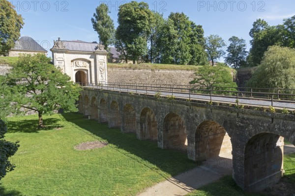 Porte de France, fortress gate, bridge, fortress wall, fortress moat, citadel, Vauban fortifications, UNESCO World Heritage Site, Longwy, Département Meurthe-et-Moselle, Grand Est, France