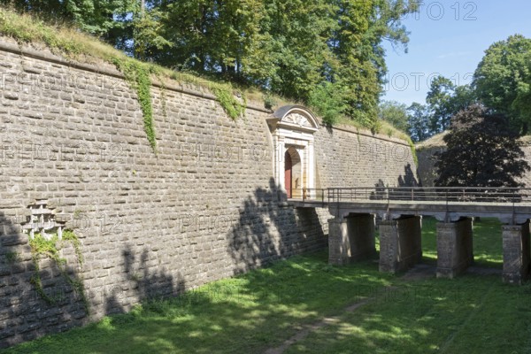 Porte de France, fortress gate, bridge, fortress wall, fortress moat, citadel, Vauban fortifications, UNESCO World Heritage Site, Longwy, Département Meurthe-et-Moselle, Grand Est, France