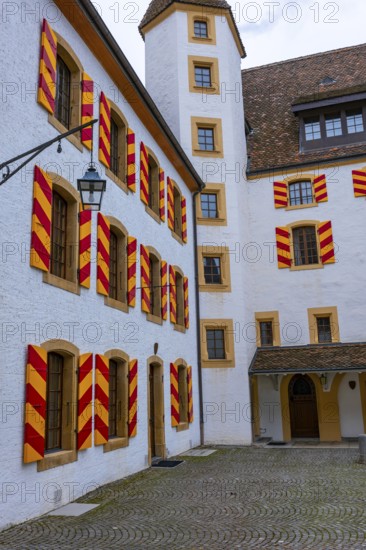 Neuchatel Castle with Window and Shutter and Patio in Old Town in a Foggy Day in City of Neuchatel, Canton Neuchatel, Switzerland